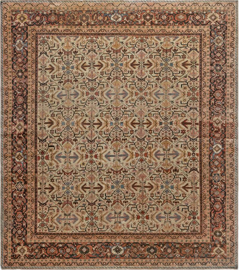 Antique Persian Sultanabad Beige Blue Brown and Orange Handmade Wool Rug
