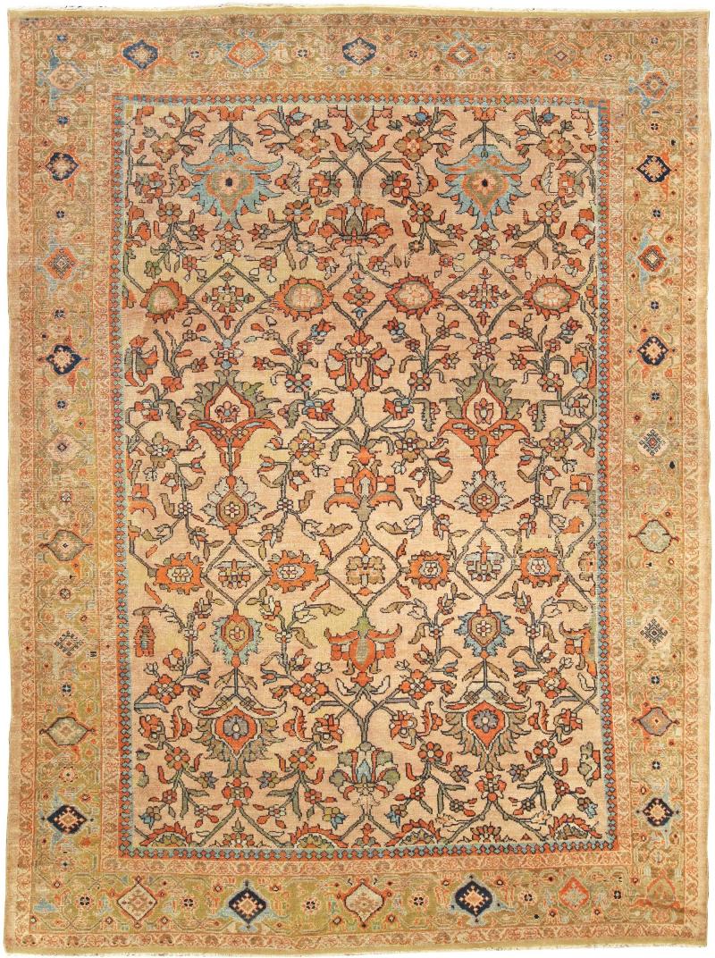 Antique Persian Sultanabad Botanic Orange Tan Hand Knotted Wool Rug
