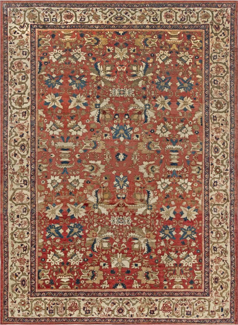 Antique Persian Sultanabad Floral Red Blue Handmade Wool Rug
