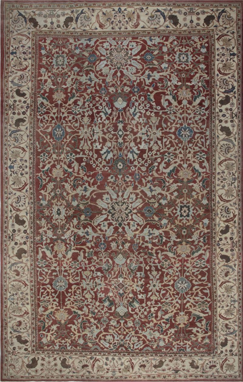 Antique Persian Sultanabad Red White and Blue Handwoven Wool Rug