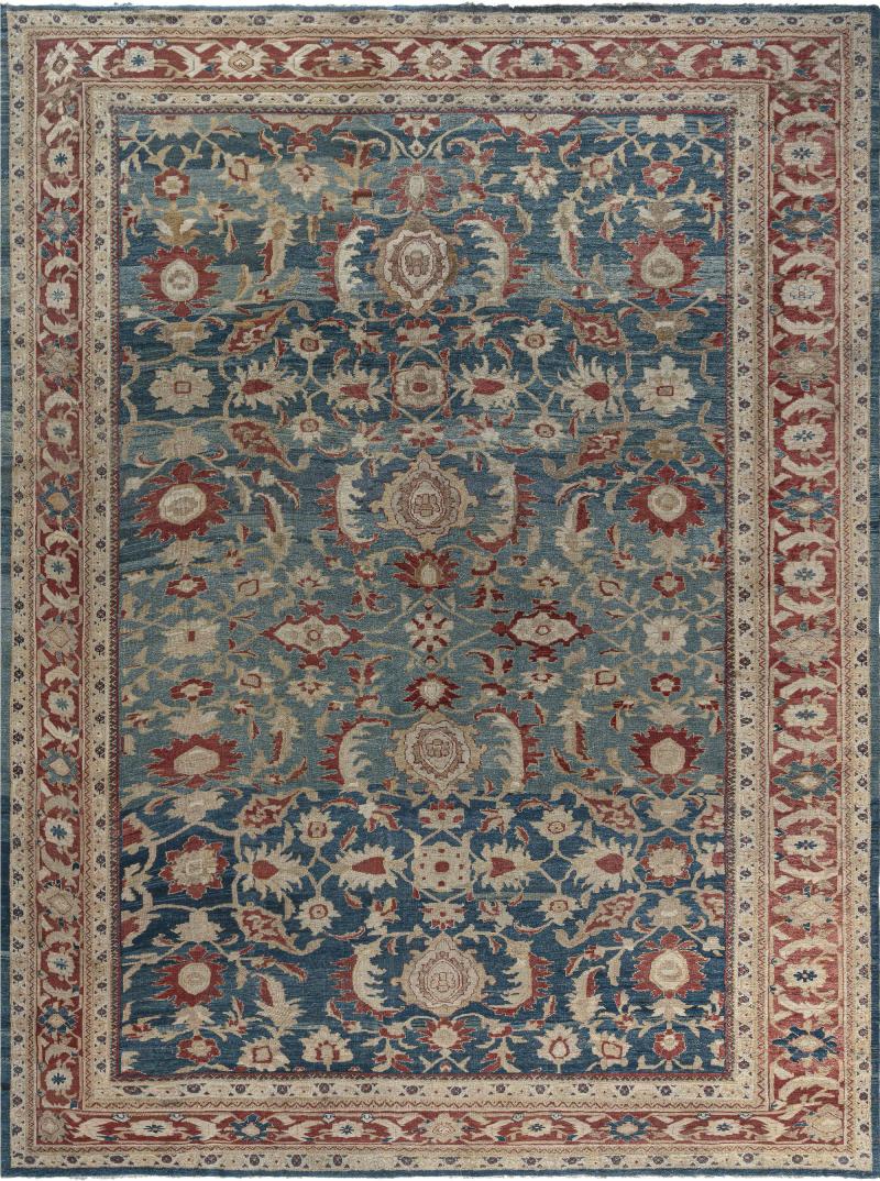 Antique Persian Sultanabad Rug in Beige Blue and Red