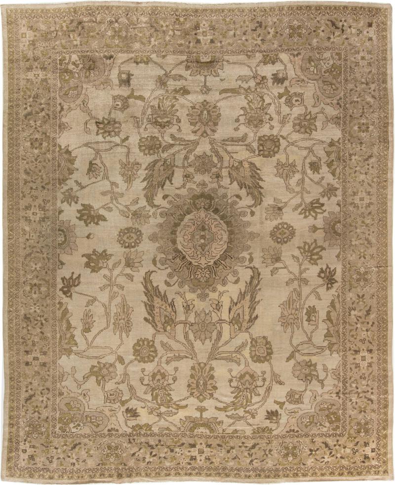 Antique Persian Sultanabad Tan Taupe and Brown Handwoven Wool Rug