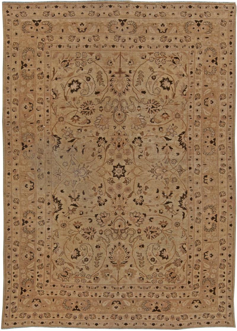 Antique Persian Tabriz Beige and Brown Handwoven Wool Rug