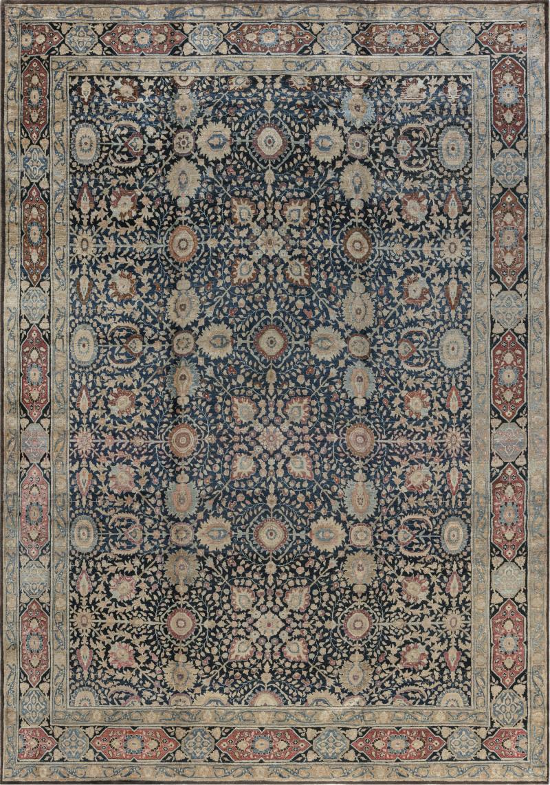 Antique Persian Tabriz Botanic Blue Red Beige Handmade Wool Carpet