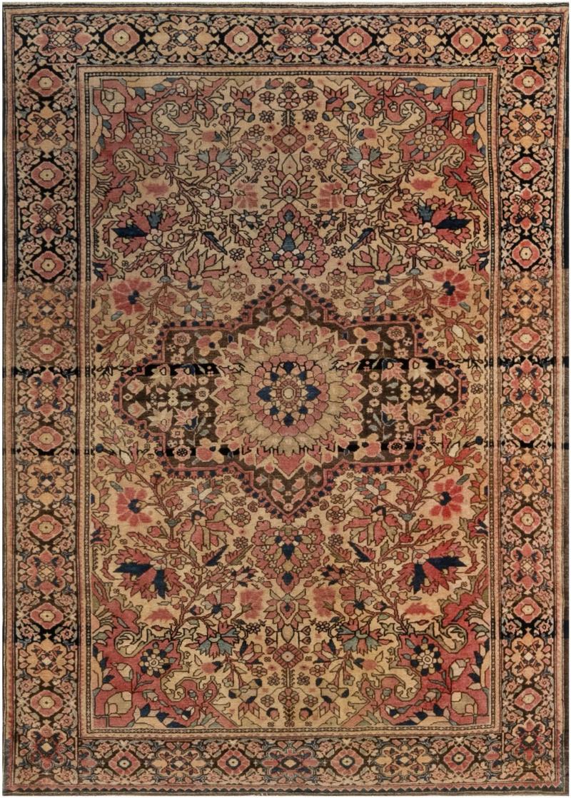Antique Persian Tabriz Botanic Brown Pink Red Handmade Wool Rug