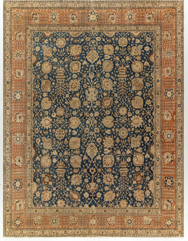 Antique Persian Tabriz Botanic Green Hand Knotted Wool Rug