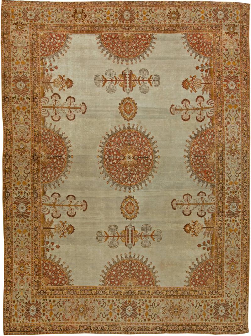 Antique Persian Tabriz Brick Beige Red Pale Orange and Chocolate Brown Rug