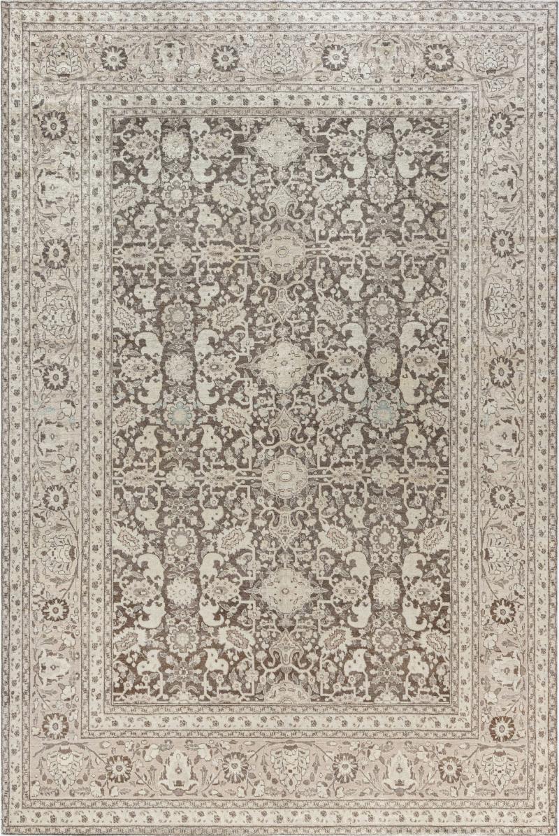 Antique Persian Tabriz Brown Handmade Wool Rug