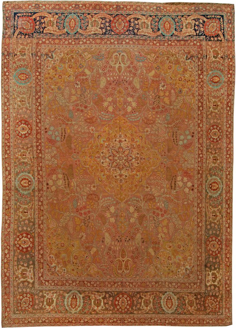 Antique Persian Tabriz Copper Blue Green and Salmon Hand Knotted Wool Rug