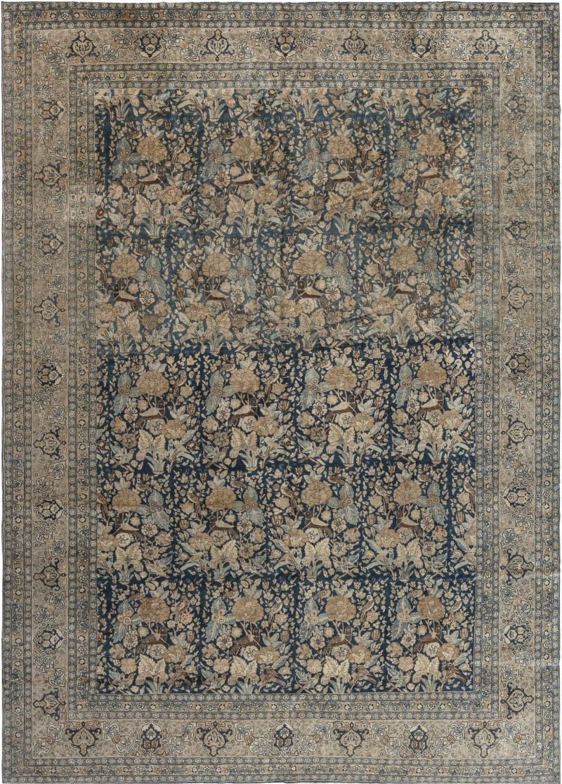 Antique Persian Tabriz Floral Design Blue Handmade Wool Rug