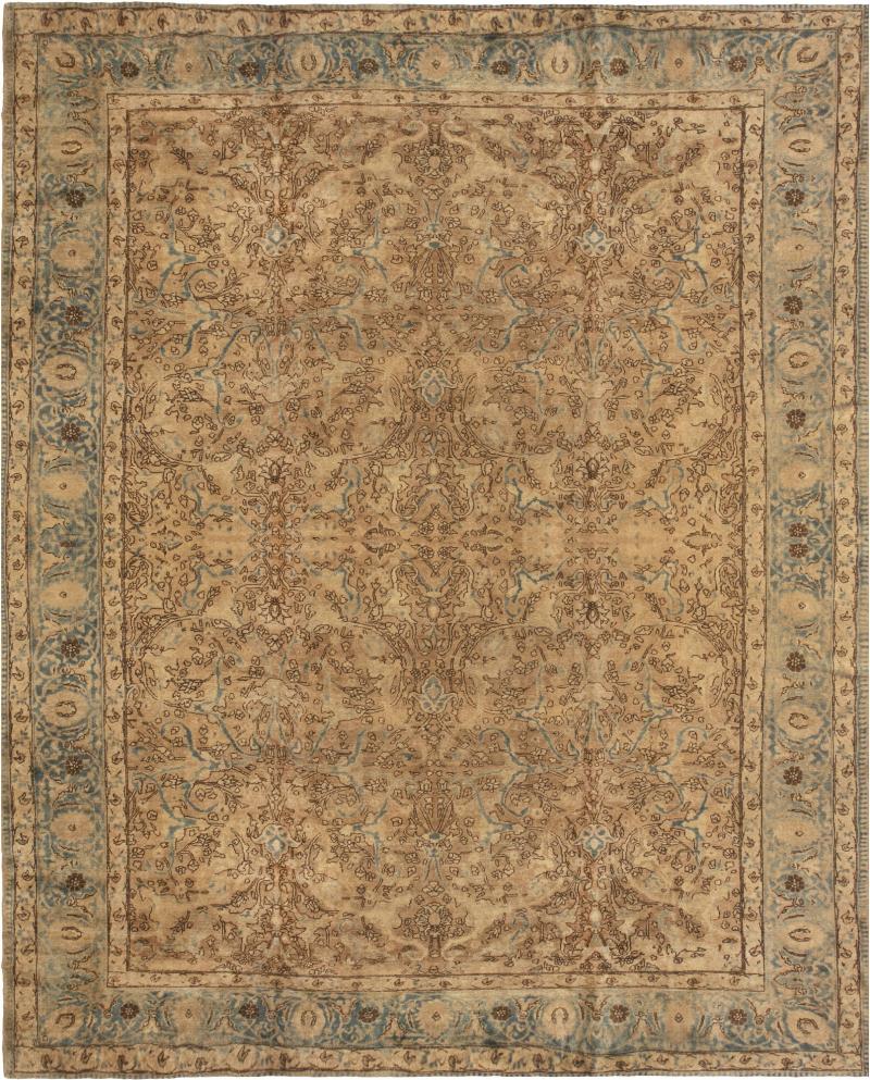 Antique Persian Tabriz Floral Light Brown and Blue Handwoven Wool Rug