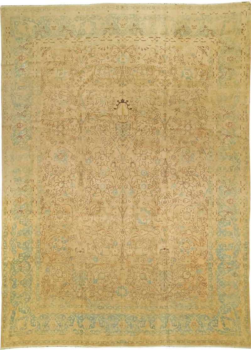 Antique Persian Tabriz Green Beige Brown Handmade Wool Rug