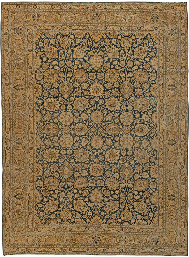 Antique Persian Tabriz Royal Blue and Caramel Wool Rug