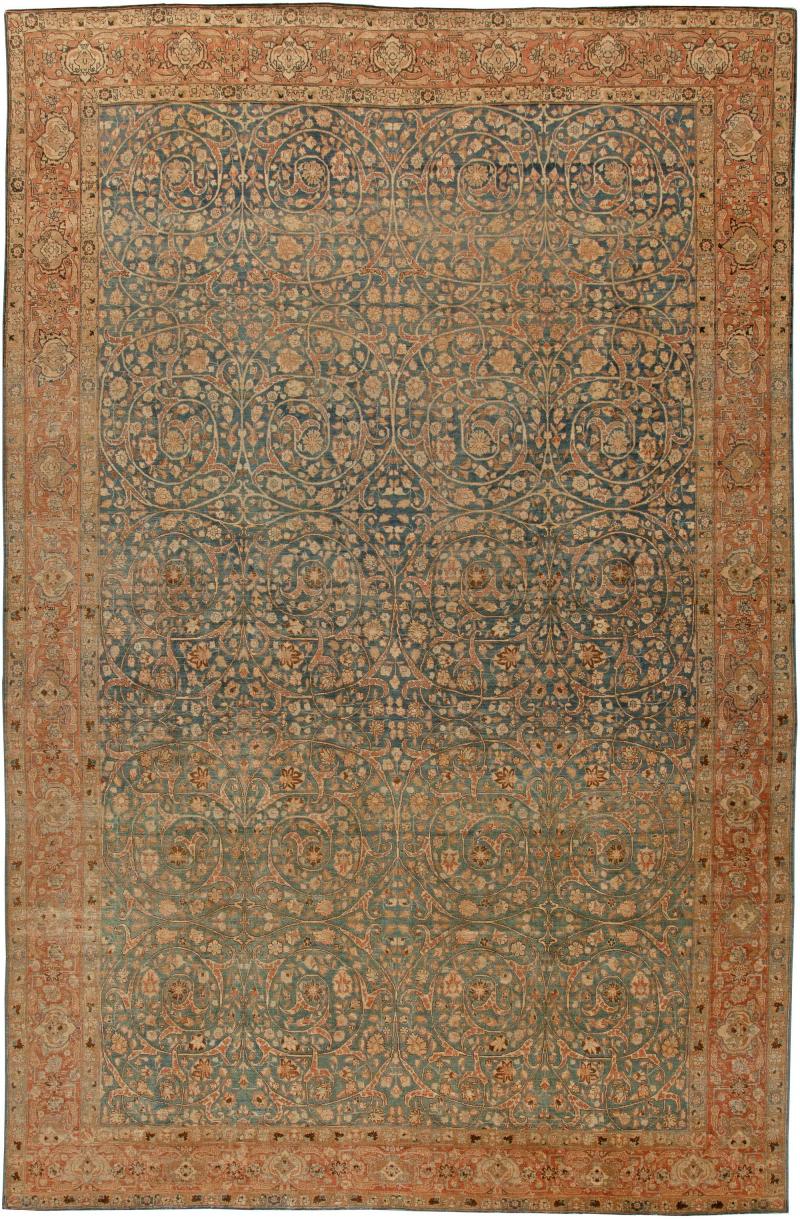 Antique Persian Tabriz Rust Beige and Gray Blue Handwoven Wool Carpet