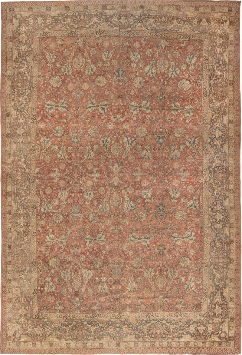 Antique Persian Tabriz Taupe Camel and Red Handmade Wool Rug