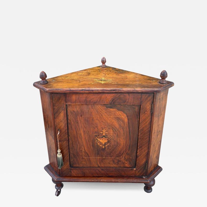 Antique Petite English Inlaid Walnut Corner Cabinet
