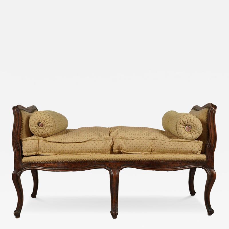 Antique Petite Louis XV Carved Walnut Bench W Down Cushion