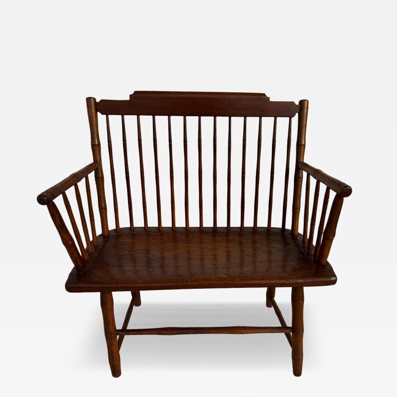 Antique Pine Spindle Back Windsor Style Bench with Arms