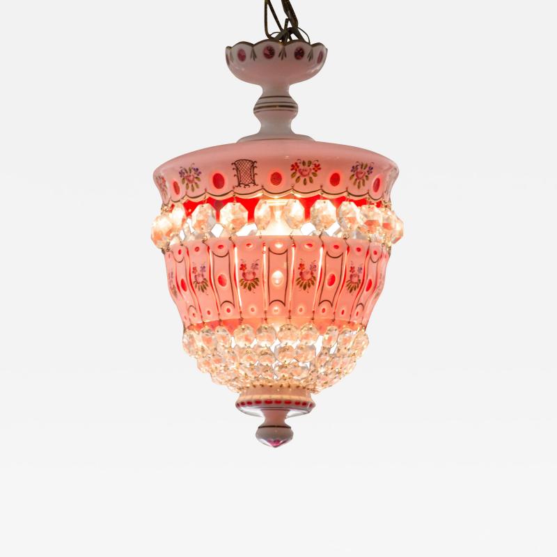 Antique Pink Bohemian Pink and White Hand Painted Glass Chandelier