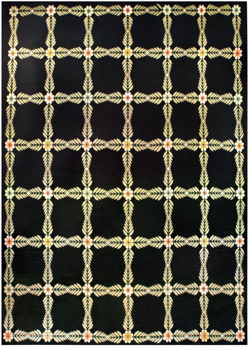 Antique Portuguese Botanic Black Yellow Needlework Rug