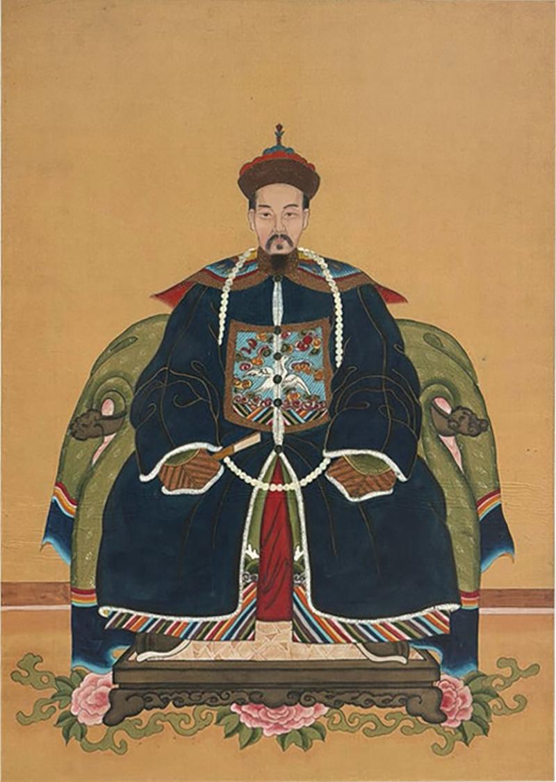 Antique Qing Dynasty Chinese Male Ancestor Portrait Painting