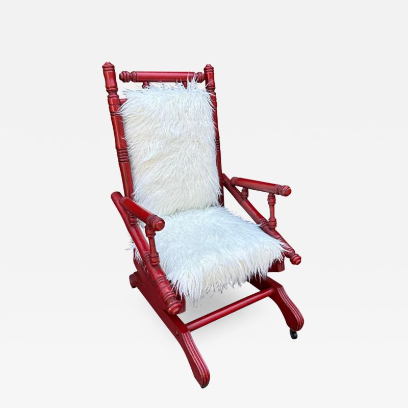 Antique Red Spindle Rocker W White Flokati Seat