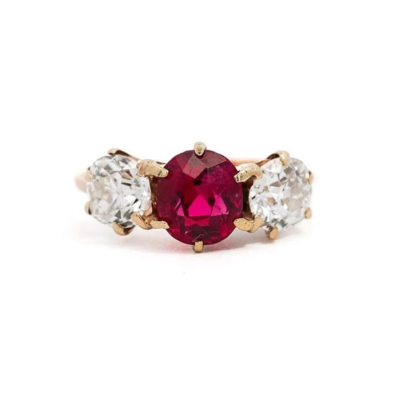 Antique Red Spinel and Old Mine Diamond 14K Yellow Gold Three Stone Ring