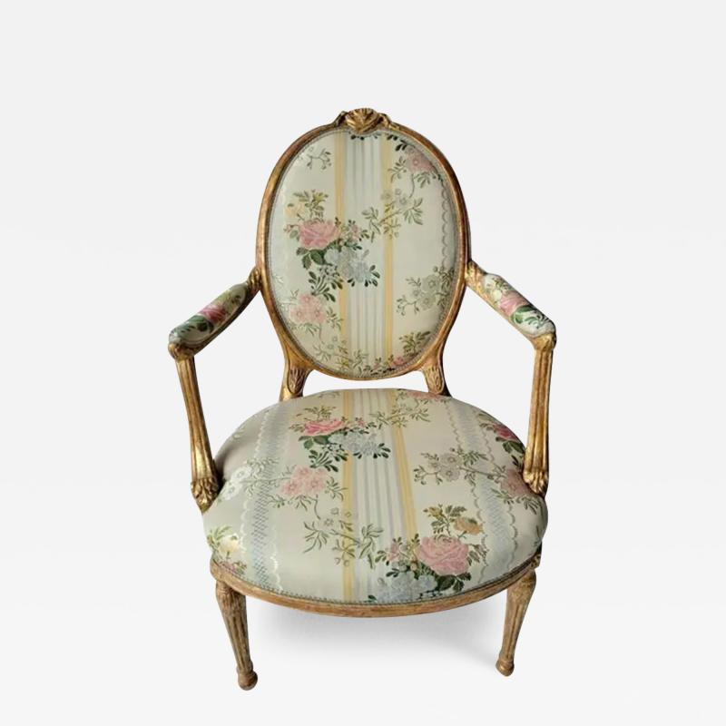 Antique Regency Giltwood Fauteuil Arm Chair W French Silk Lampas