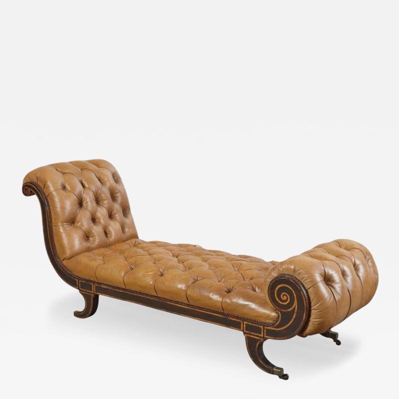 Antique Regency Period Tufted Leather Chaise Lounge c 1810