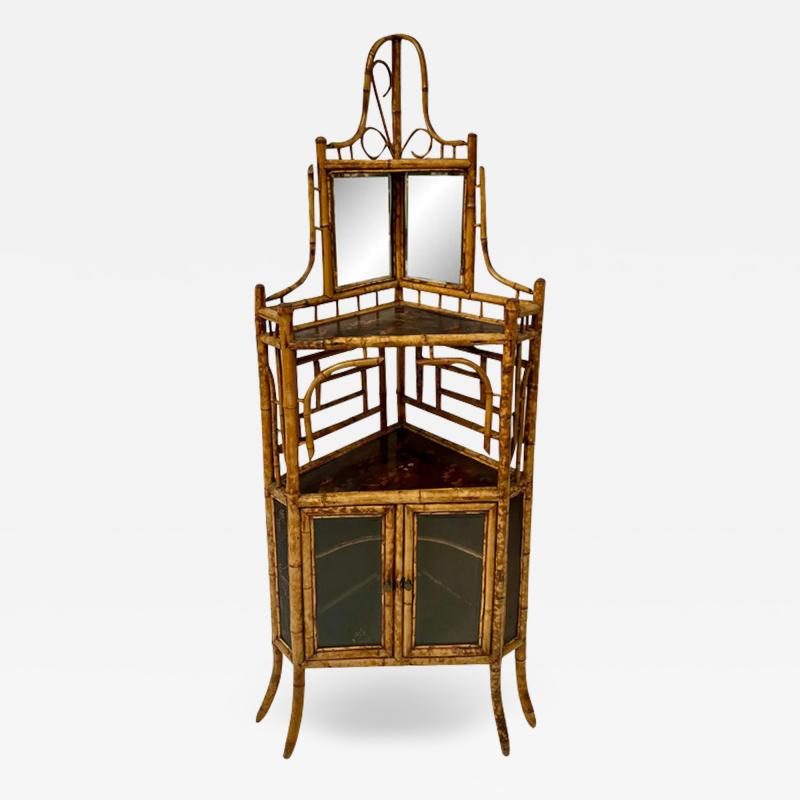 Antique Regency Style Chinoiserie Decorated Bamboo Corner Cabinet Cupboard