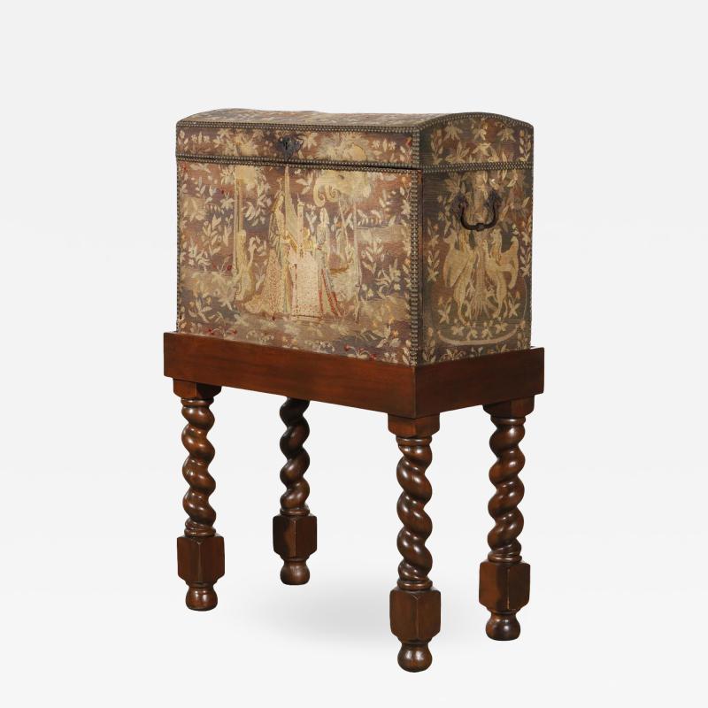 Antique Renaissance Aubusson Oak and Walnut Trunk Form Secretary Desk on Stand