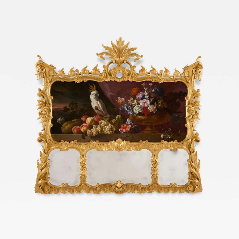 Antique Rococo Style Giltwood Trumeau Mirror with Still Life Panel