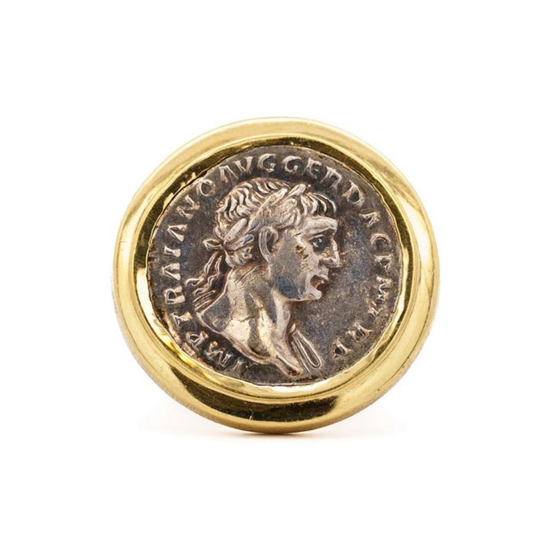 Antique Roman Trajan Dupondius Coin Brushed Gold Mens 18K Yellow Gold Ring