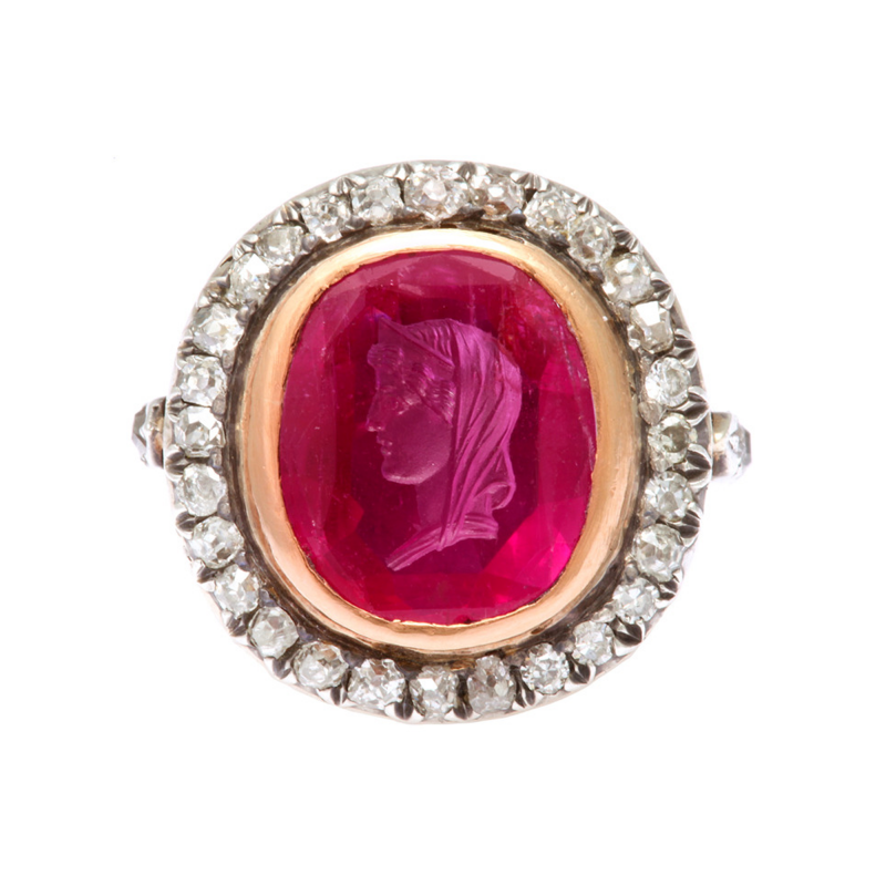 Antique Ruby Cameo of Roman Lady Diamond Ring