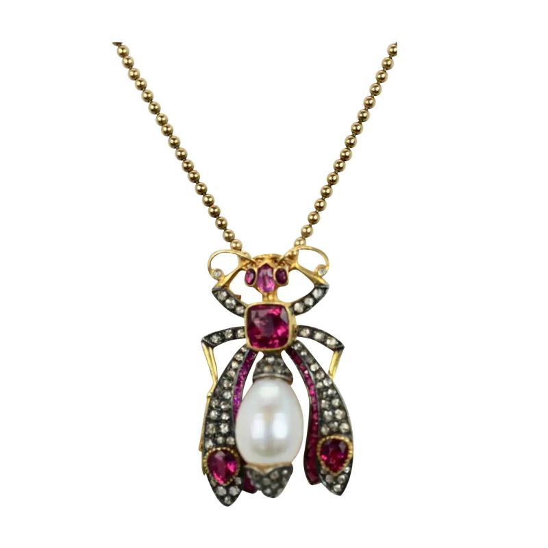 Antique Ruby Pearl Diamond Insect Brooch Pendant 18 Karat