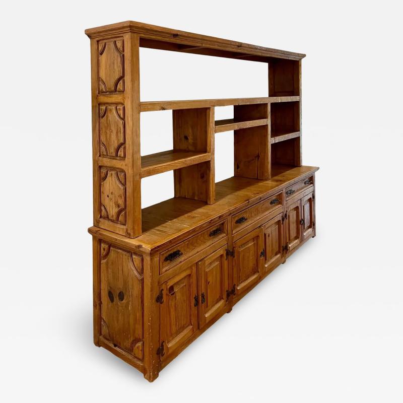 Antique Rustic Pine Breakfront Bookcase Cabinet