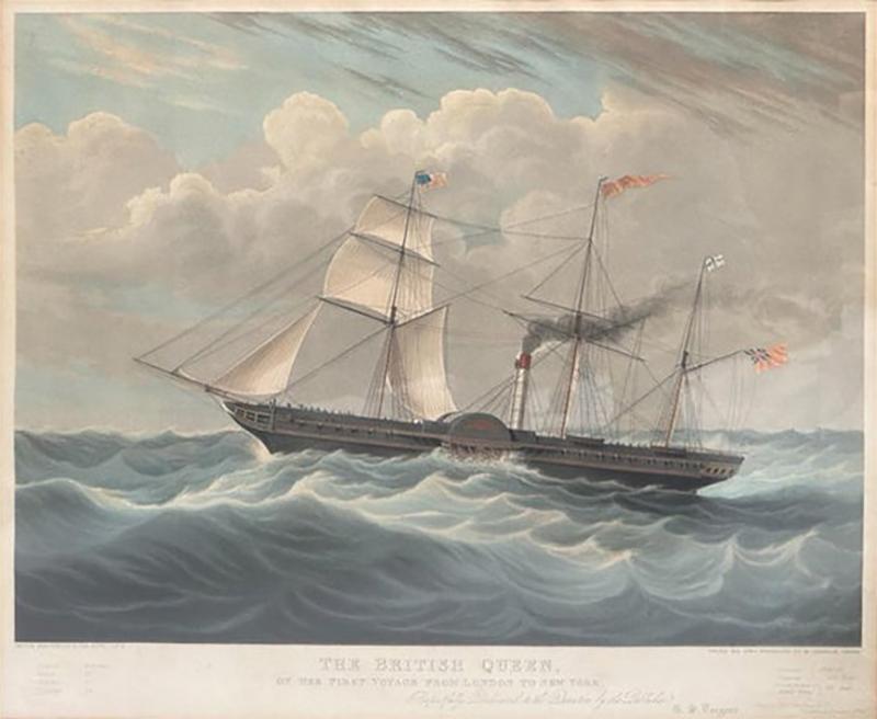 Antique Ship Print the British Queen First Voyage From London to New York