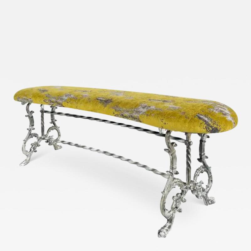 Antique Silver Gilt Cast Iron Curved Bench with Newly Upholstered Seat Cushion