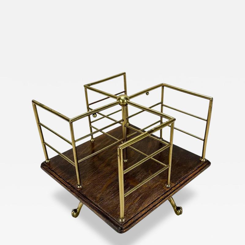 Antique Table Top Brass Oak Rotating Book Stand