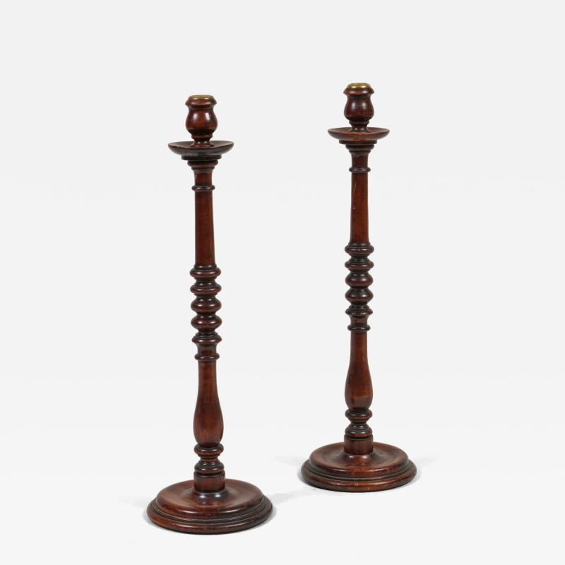 Antique Tall Mahogany Turned and Carved Candlesticks a Pair