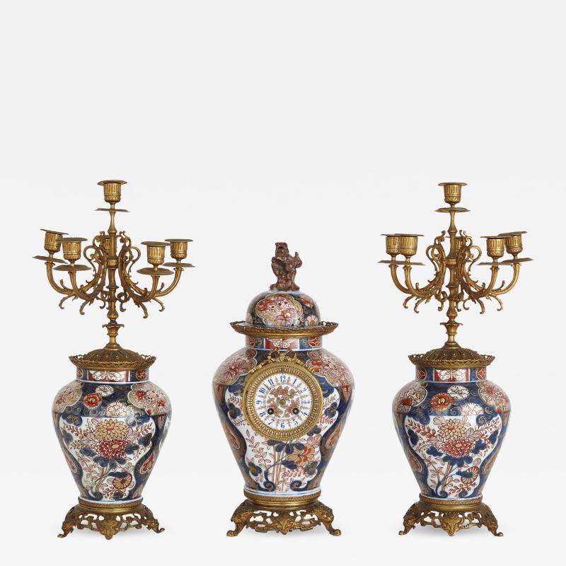 Antique Three Piece Meiji Period Japonisme Vase Clock Set