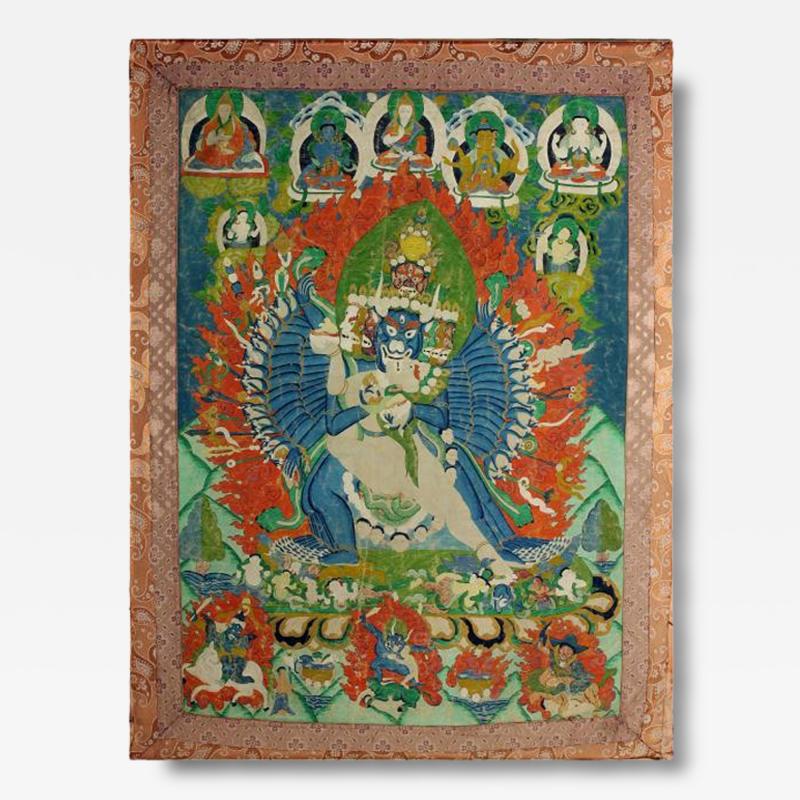 Antique Tibetan Buddhist Thangka in Lucite Shadow Box Frame