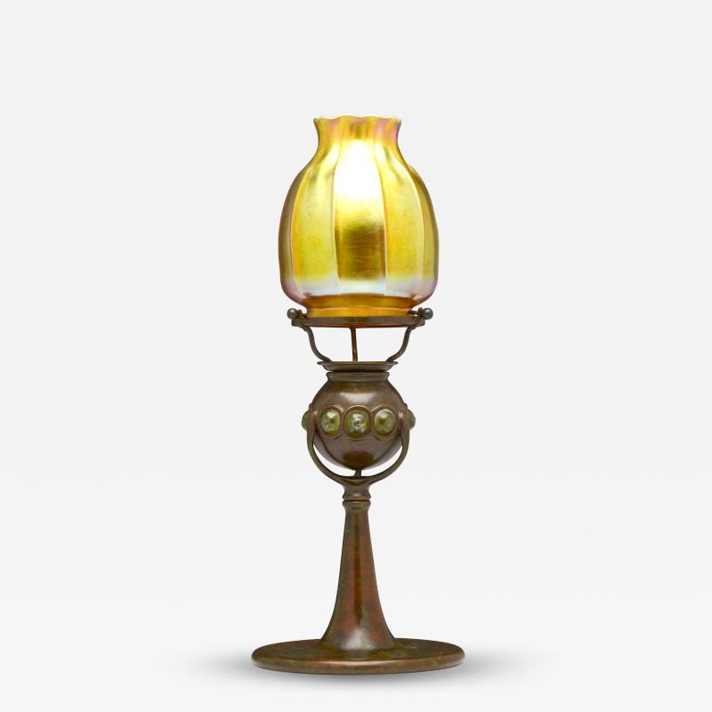 Antique Tiffany Studios Jeweled Favrile Glass Candle Lamp Patinated Bronze Base