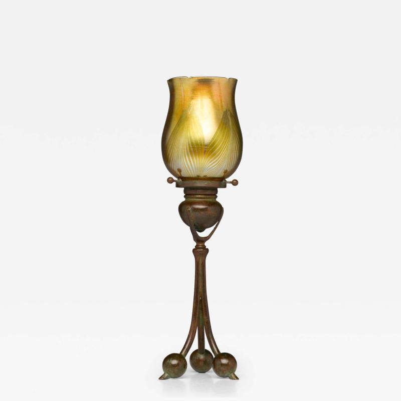 Antique Tiffany Studios Tripod Candlestick with Feather Favrile Glass Shade