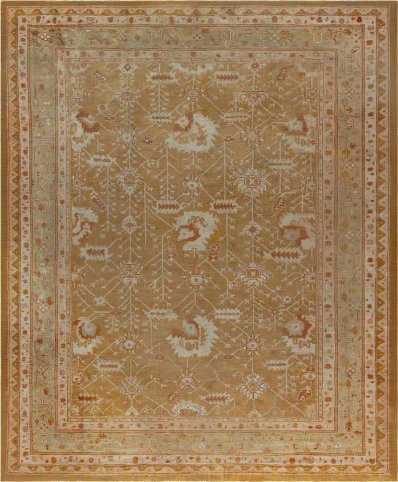 Antique Turkish Oushak Beige Green Orange Hand Knotted Wool Rug