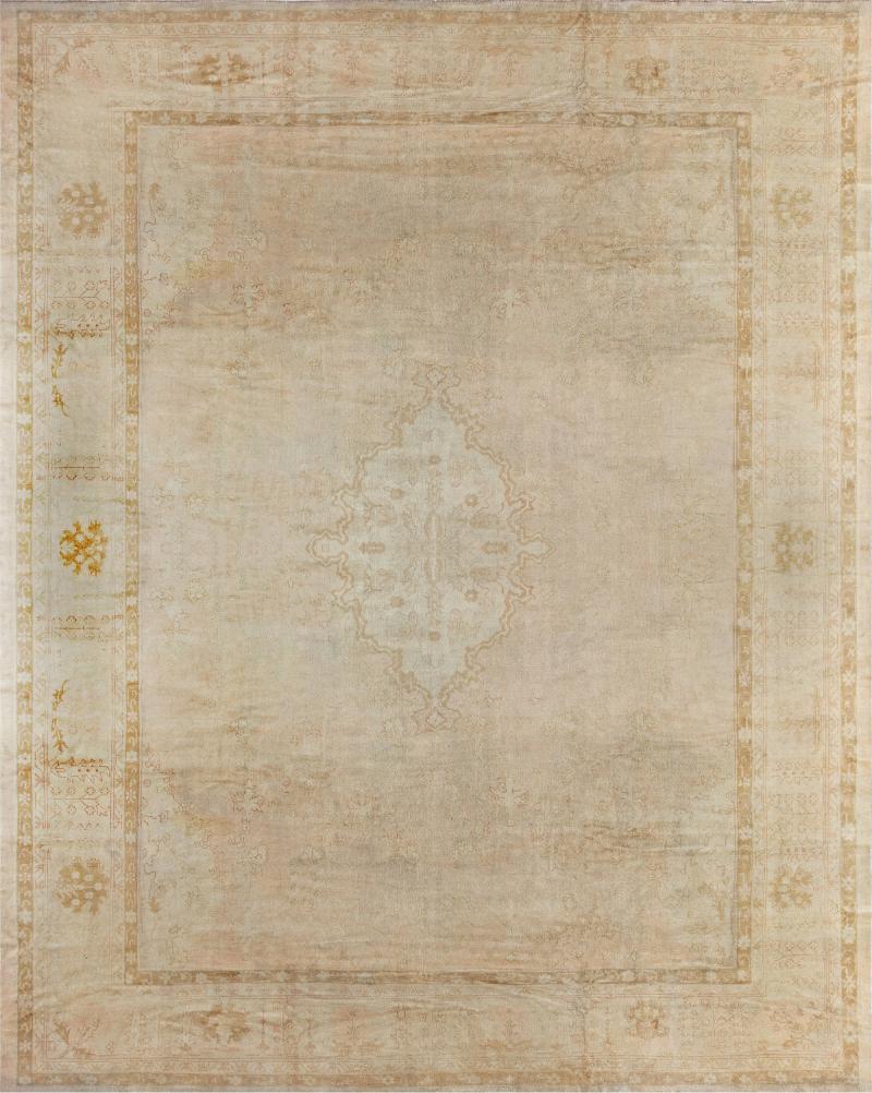 Antique Turkish Oushak Beige Hand Knotted Wool Rug