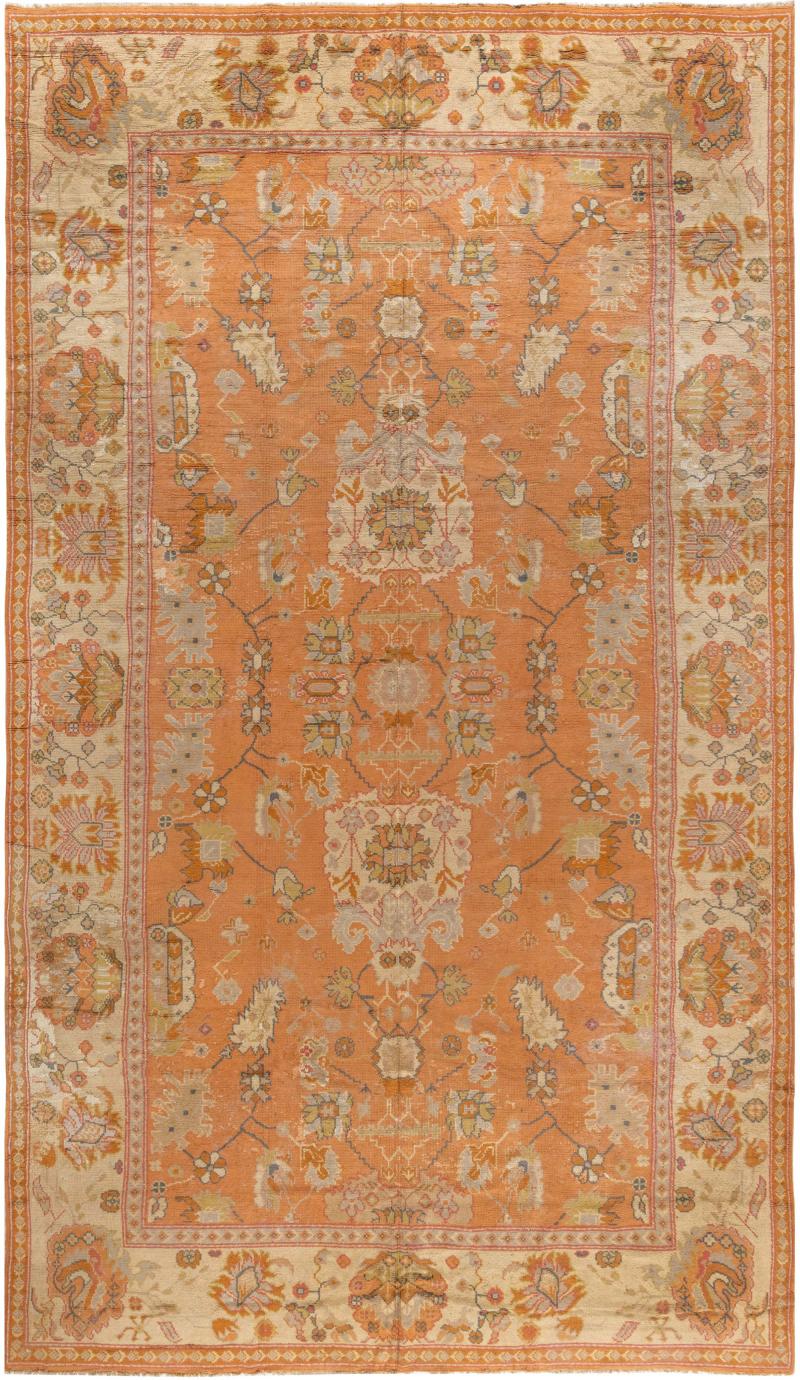 Antique Turkish Oushak Beige and Orange Handwoven Wool Rug