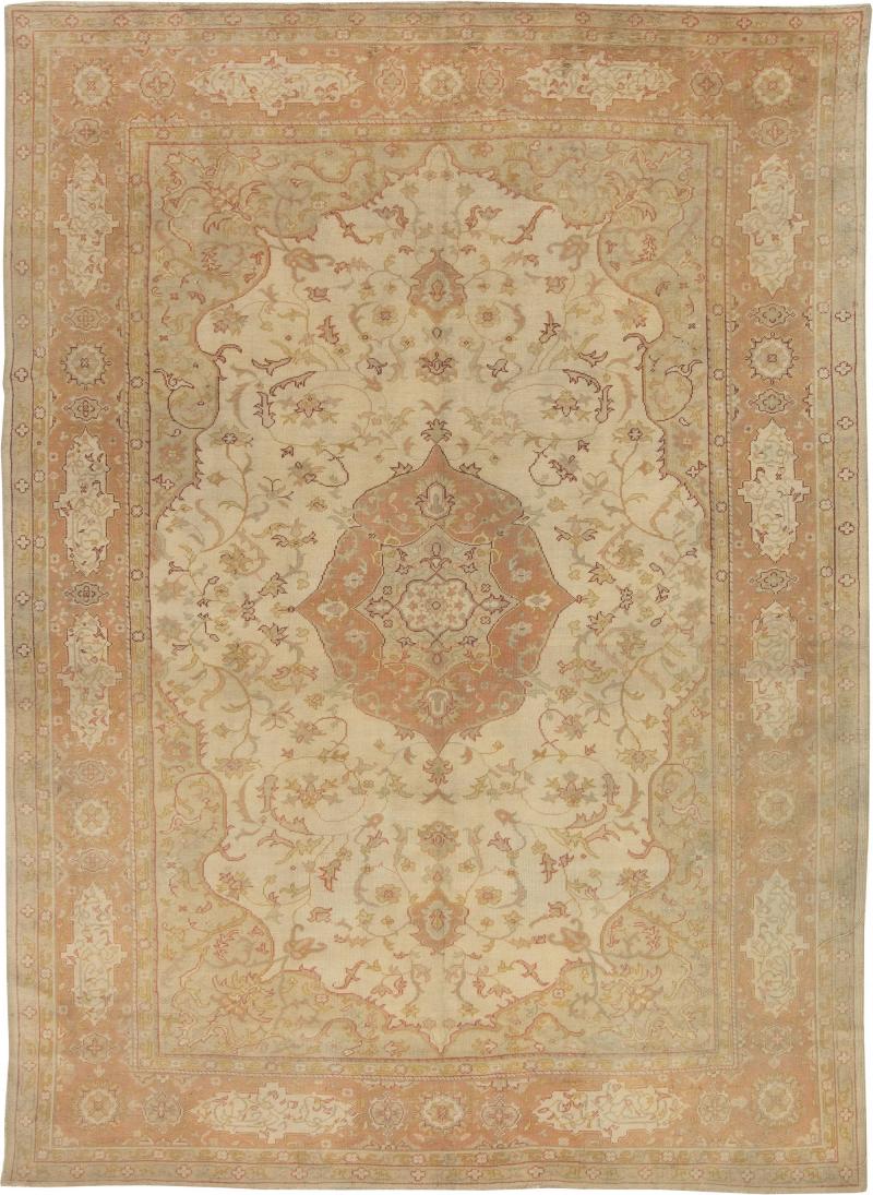 Antique Turkish Oushak Beige and Salmon Handmade Wool Rug