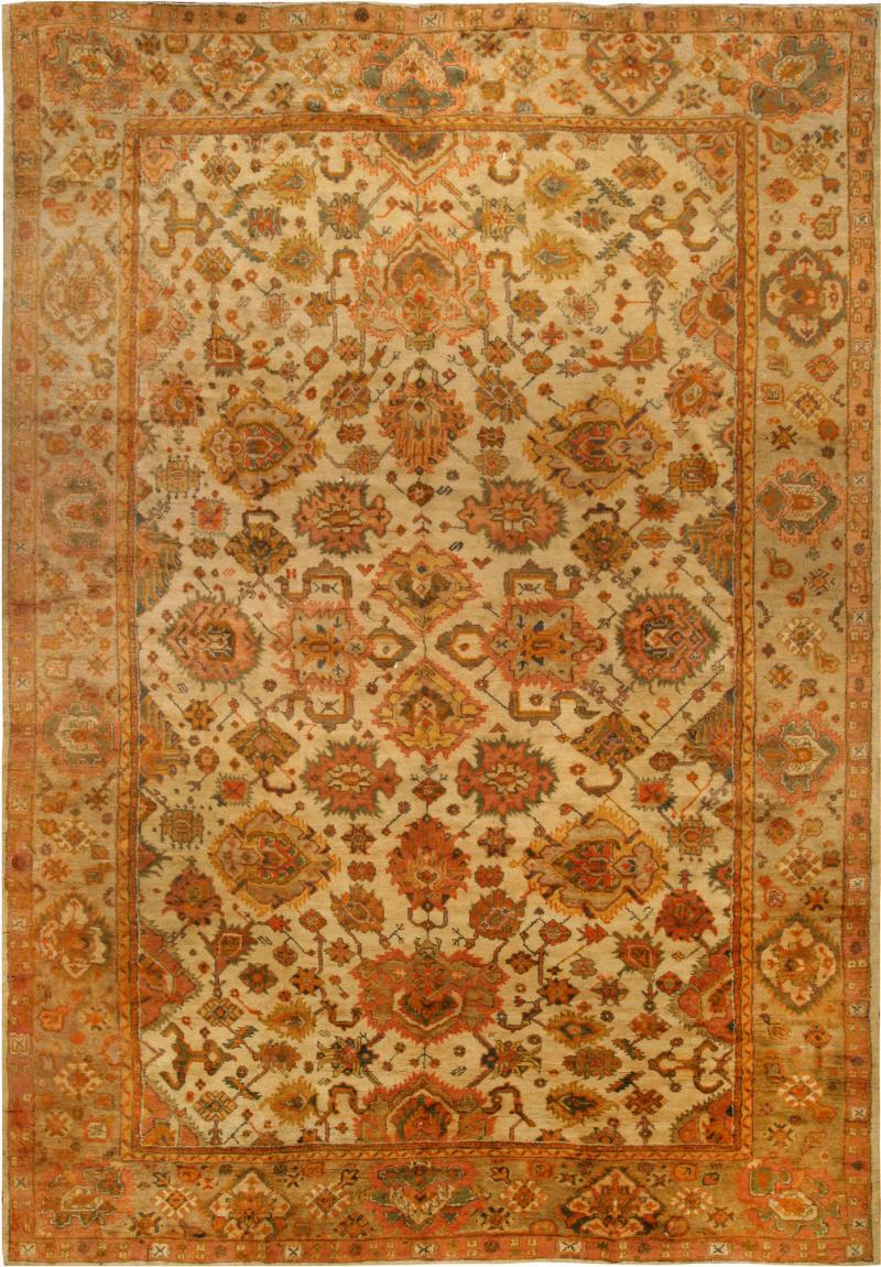 Antique Turkish Oushak Botanic Beige Orange Yellow Green Handwoven Wool Rug