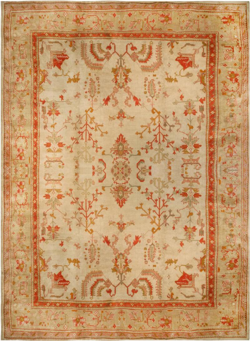 Antique Turkish Oushak Cream Beige Apricot Handwoven Wool Rug